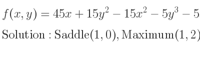 The f(x,y)=45x+15y^2-15x^2-5y^3-5x^3 is Saddle(1,0),Maximum(1,2),Minimum(-3,0),Saddle(-3,2)
